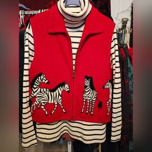 #121 Carina- Vintage Red Sweater Vest with Zebra appliques +bonus Striped Top
